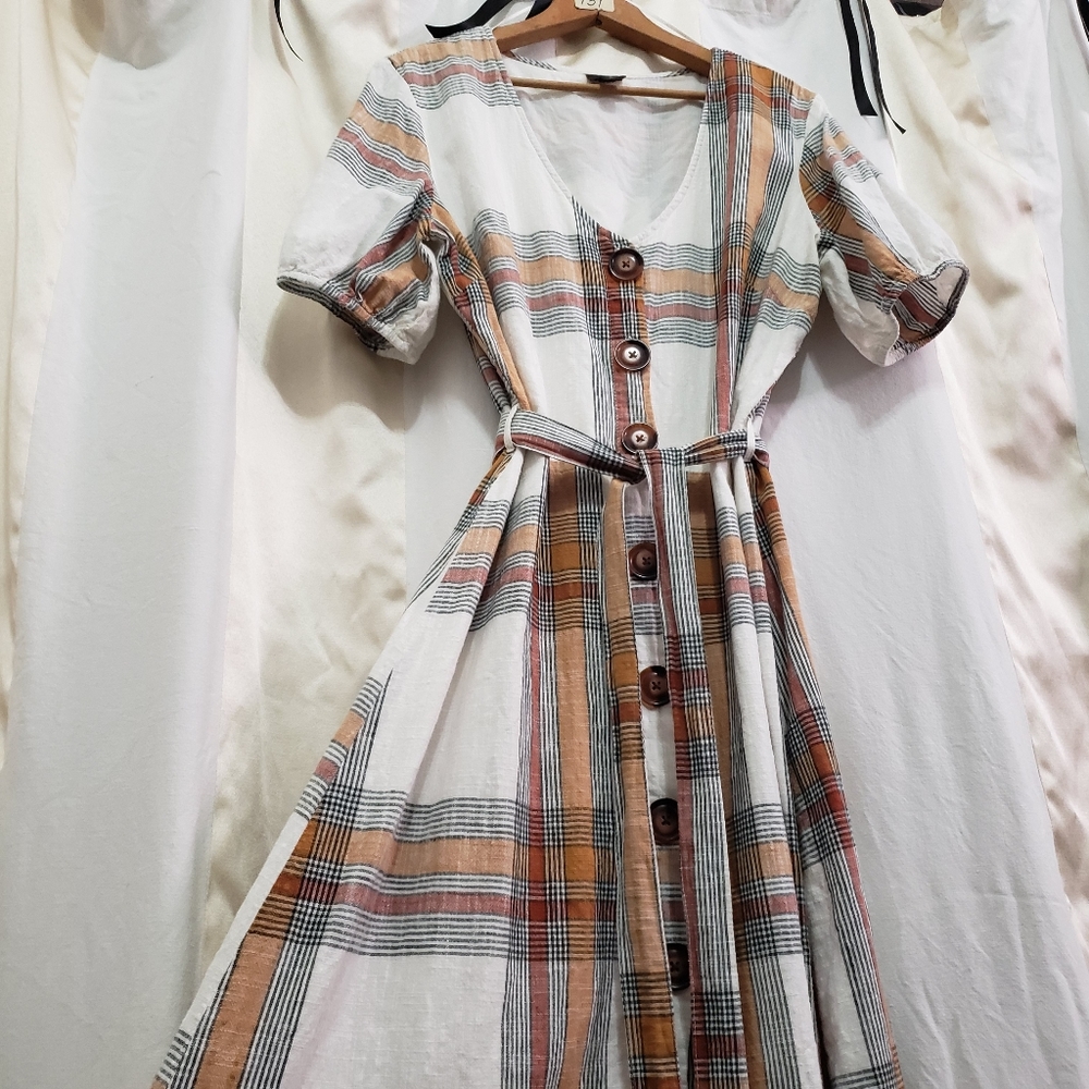 Worthington Plaid Midi Dress - Cream, Tan, Black - Picture 5 of 6